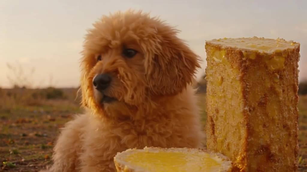 A fluffy golden retriever pup sits before a towering lemon tart. It inhales dramatically,…