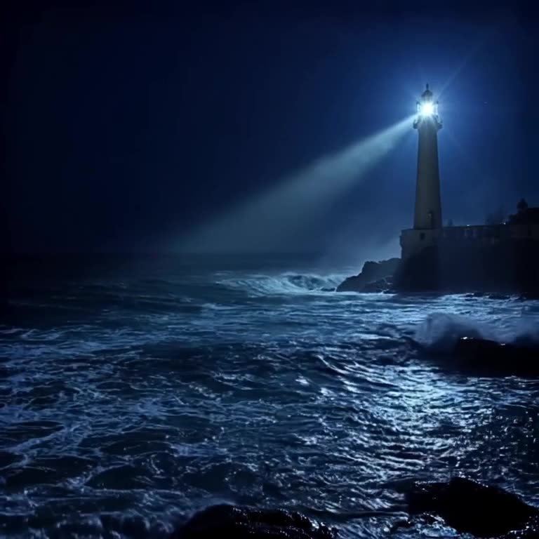 POV: A lighthouse beam sweeping across the ocean at night. Dark blue waves crash against …