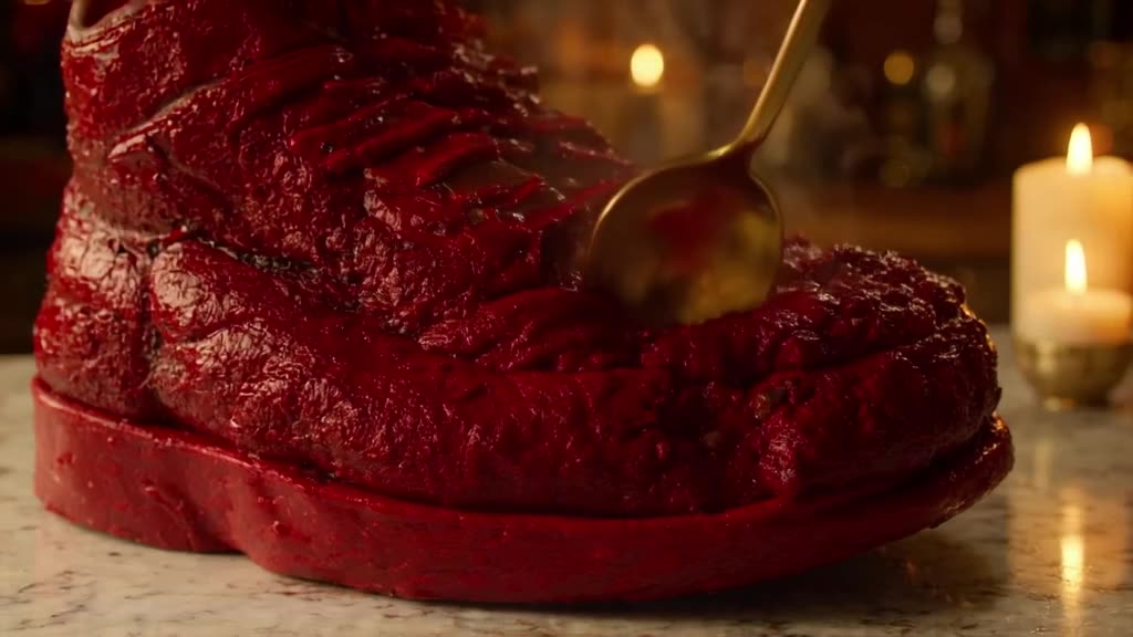 A giant, glossy sneaker made of red velvet lava cake sits on a marble counter. A golden s…