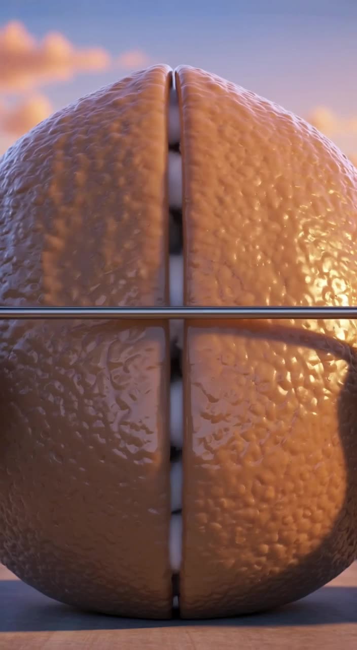A plush polar bear is slowly sliced by a hot wire in slow motion, revealing fluffy white …