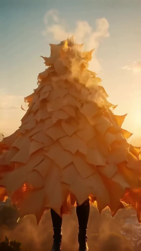 Golden hour light illuminates a floating superhero cape made of actual lasagna sheets. Th…