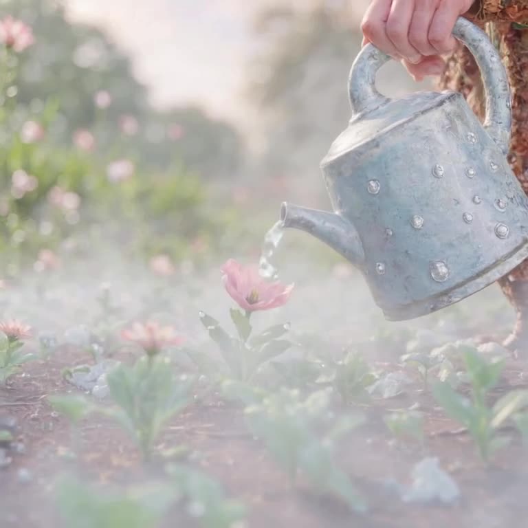 A tiny gardener waters a single flower petal that is larger than their body. Water drople…