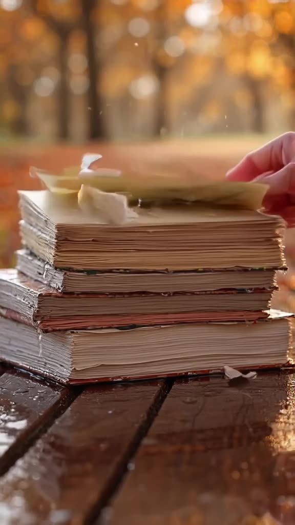 A stack of books sits on a park bench during a gentle drizzle. Water droplets slide off p…