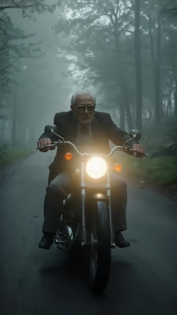 An elderly man in retro sunglasses drifts a motorcycle through a misty forest road. Headl…