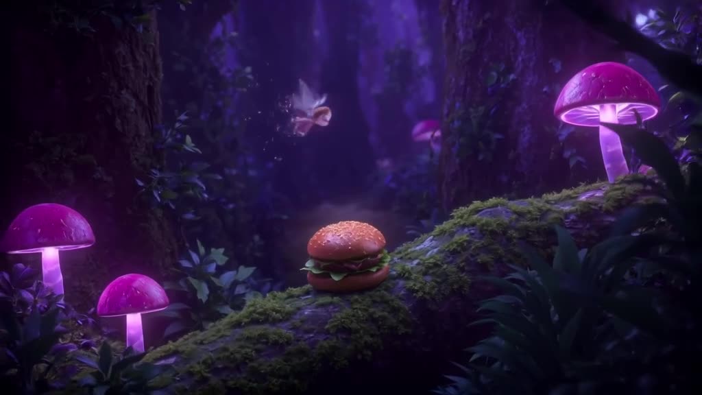 A tiny burger sits on a mossy log in a dark, enchanted forest. Bioluminescent mushrooms g…