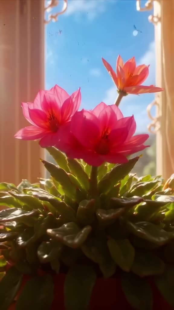 Time-lapse of a succulent plant blooming rapidly on a windowsill. Petals unfold in vibran…