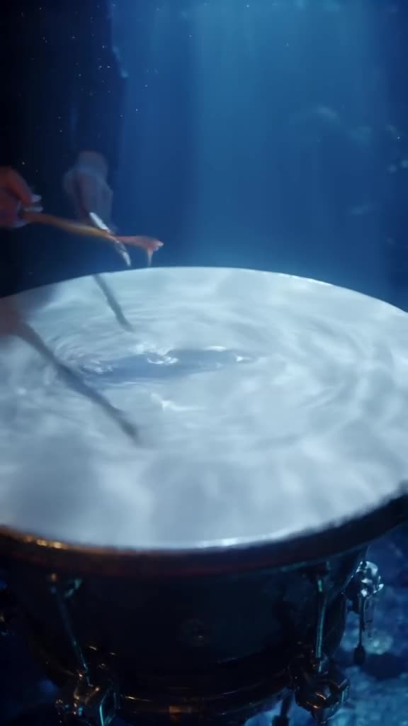 A percussionist hits a timpani. The drumhead ripples like water, revealing a fish swimmin…