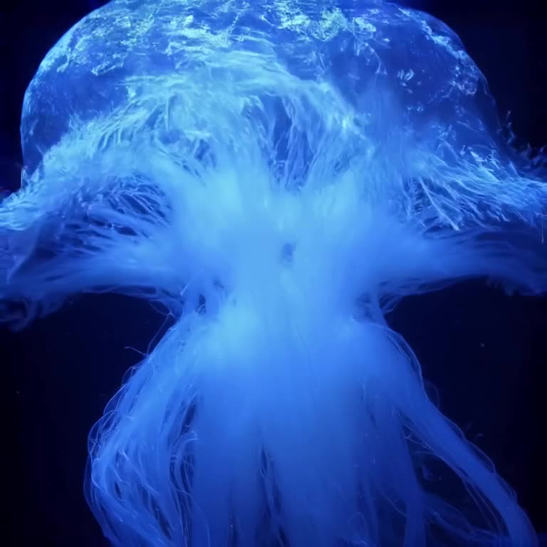 POV: A jellyfish pulsing gently in a dark tank, glowing electric blue. Macro lens focuses…