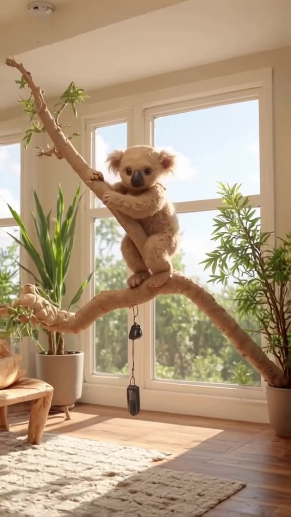 A koala bear clings tightly to a modern branch-like shelf in a minimalist living room, re…