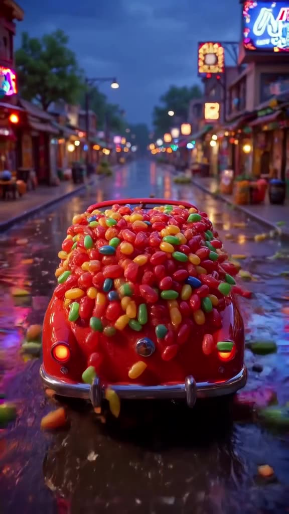 A vintage red convertible car is constructed entirely from stacked, colorful jelly beans.…