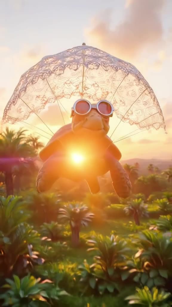An elderly turtle wearing tiny goggles paraglides over a lush oasis. The parachute is mad…