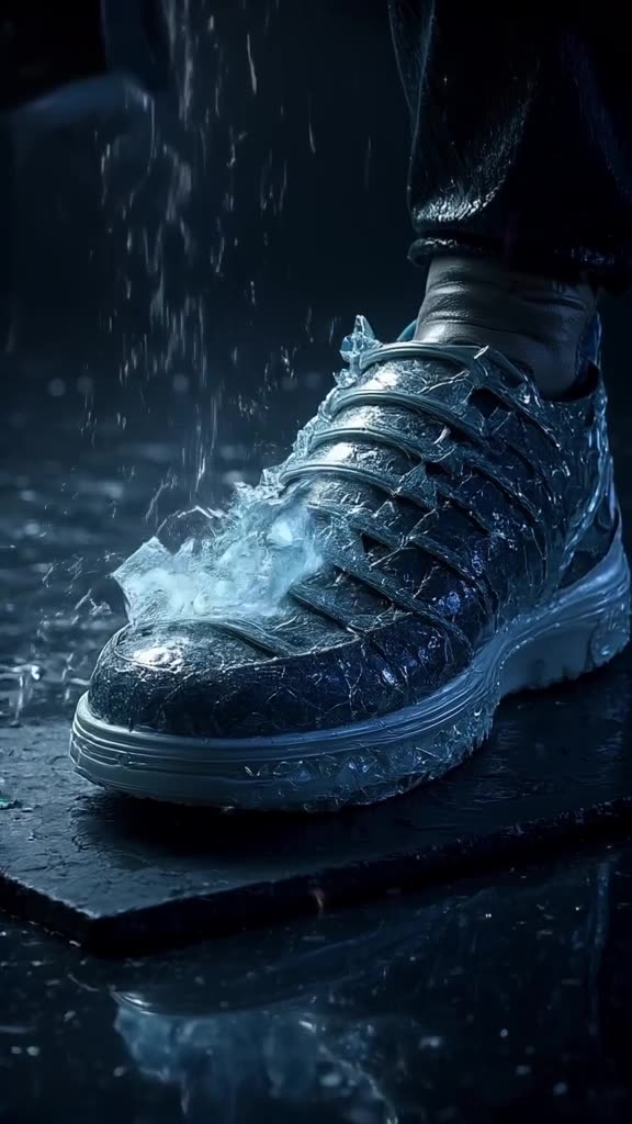A sneaker sole made of cracked glass candy sits on a dark slate. A hammer taps it, creati…