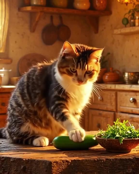 A calico cat sits on a rustic wooden table in a sunlit farmhouse kitchen. Warm amber ligh…
