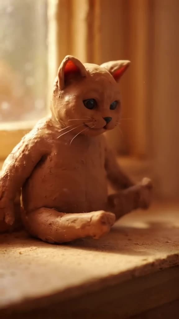 A cat made of soft clay sits on a windowsill, stretching its limbs with slow, satisfying …