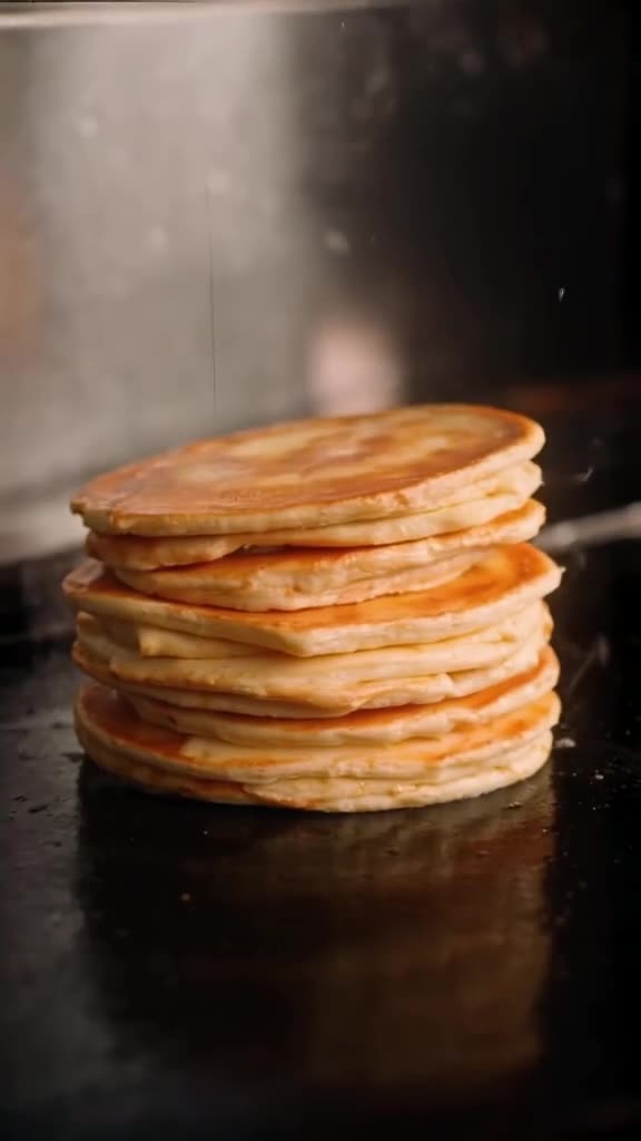 A stack of pancakes flips themselves in slow motion on a griddle. Each flip reveals fluff…