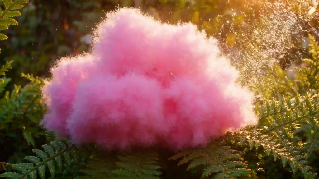 A fluffy, pink cloud-fruit rests on a fern. A tiny bird pecks at it, releasing a puff of …