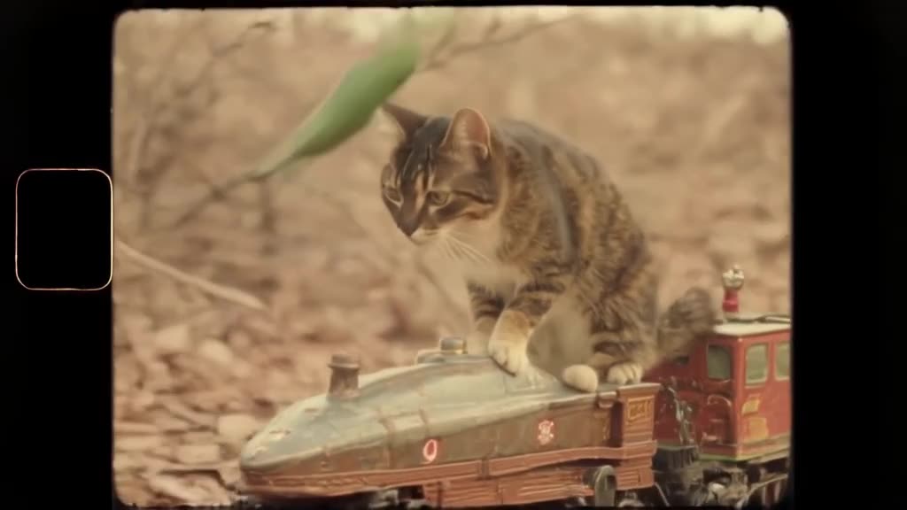 A calico cat rides on the back of a model train shaped like a race car. A cucumber falls …