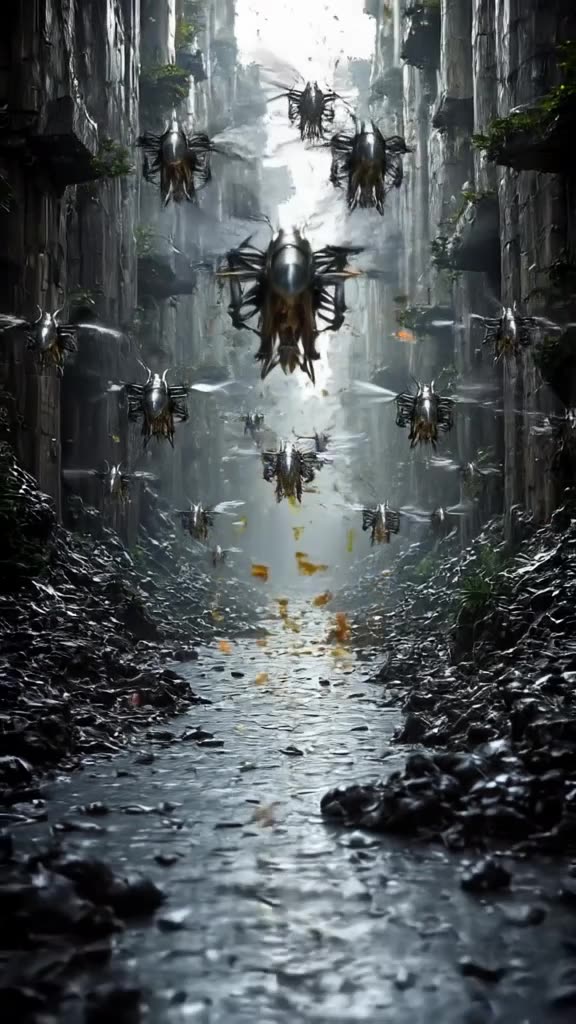A flock of mechanical birds built from scrap metal flies through a concrete jungle canyon…