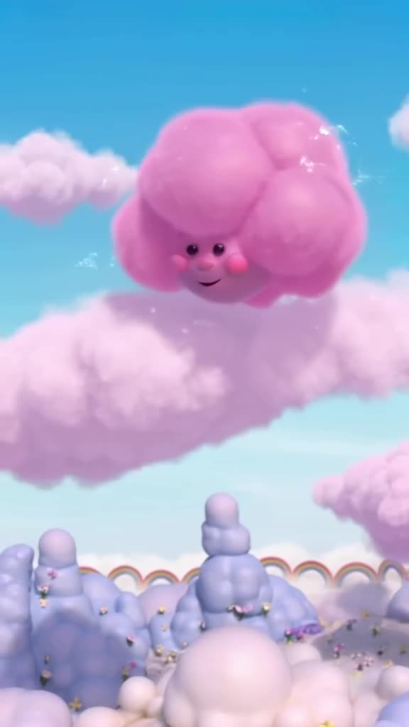A fluffy cloud-horse floats lazily over a pastel-colored mountain range. Tiny rainbows sp…