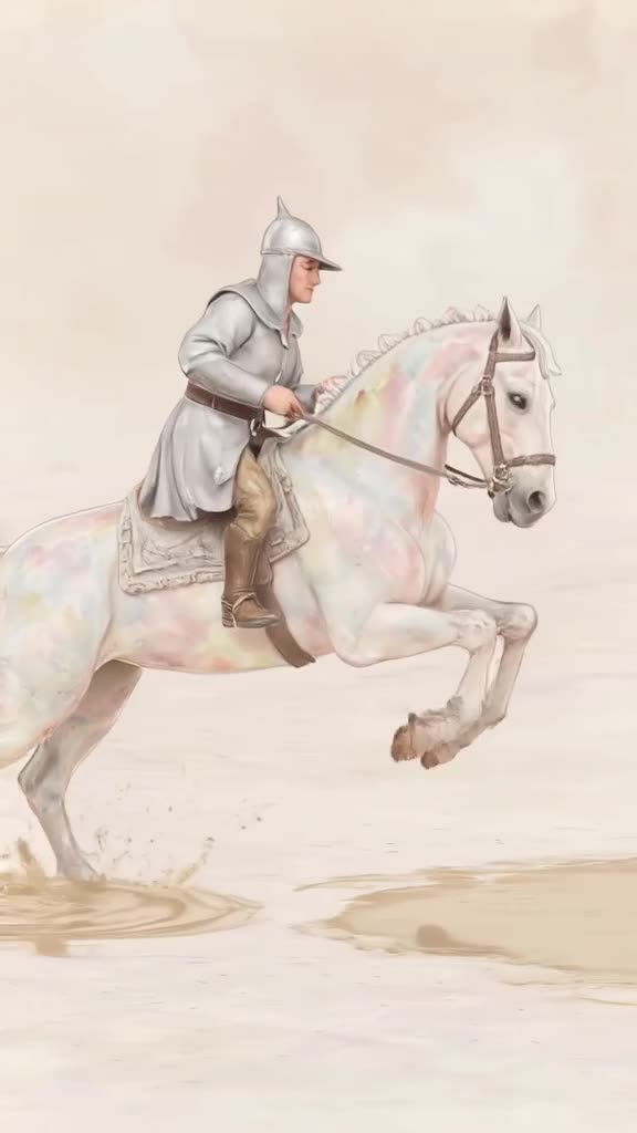 A watercolor-painted knight on a horse tries to gallop through a mud puddle but the horse…