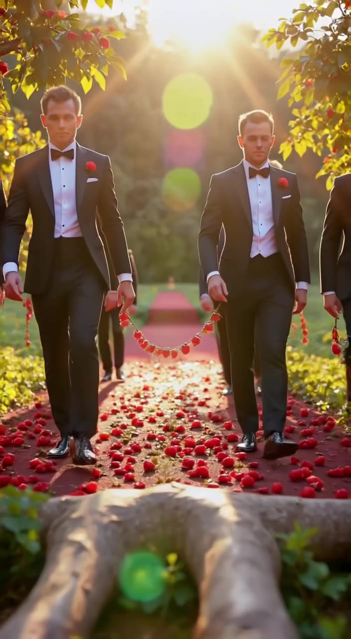 Ants in tuxedos carry a red berry across a tree root like it’s a red carpet. Dramatic cin…