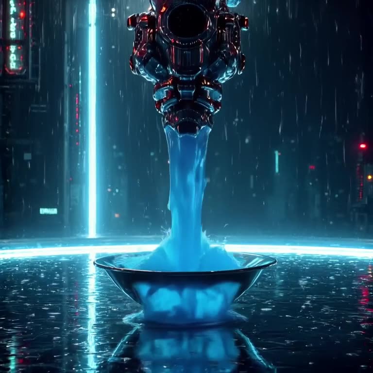 A robotic arm pours viscous, glowing blue liquid from a height into a small bowl. The liq…