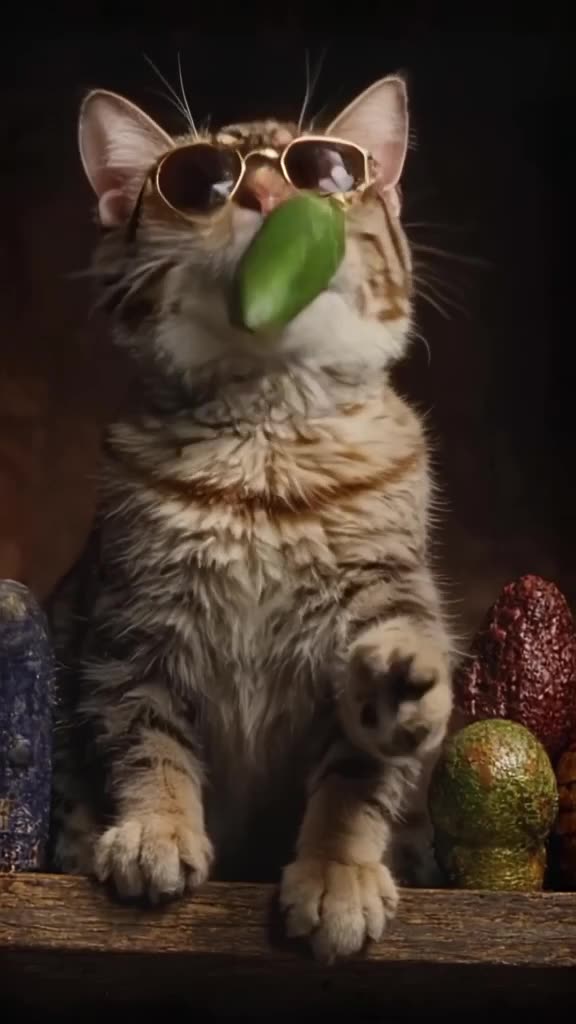 A cat in sunglasses perches on a high shelf. A cucumber is thrown up to it. The cat catch…