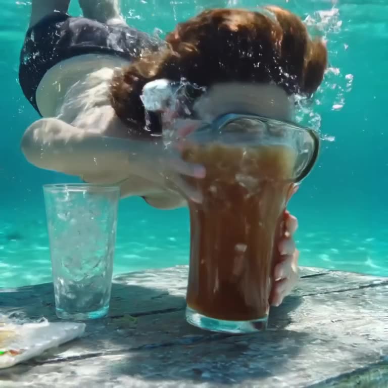 A miniature diver dives into a giant glass of iced tea on a beach table. Bubbles rise aro…