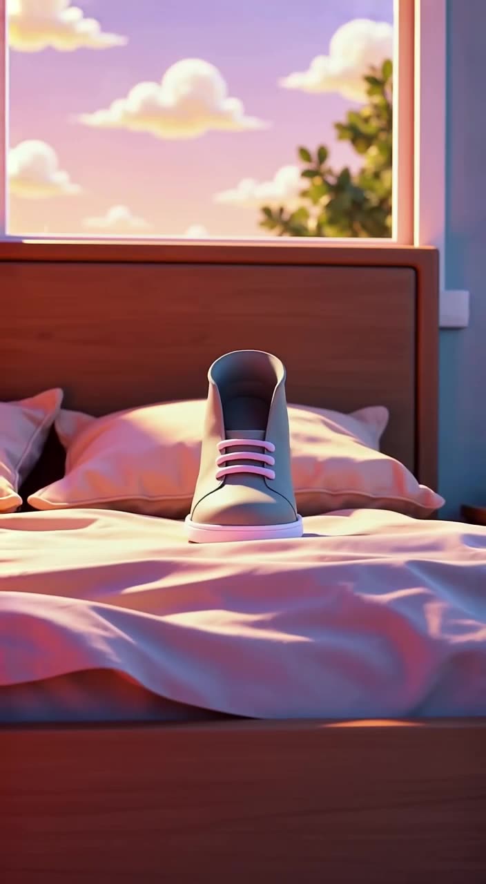 Cozy bed, messy pillows. A single sneaker floats up from sheets, laces tie themselves in …