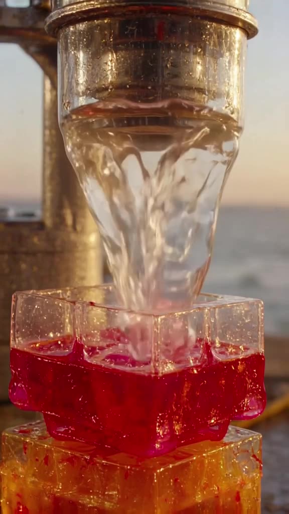 A hydraulic press made of clear crystal slowly descends onto a stack of neon-colored gela…