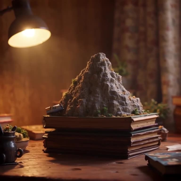 A miniature toy train climbs a realistic mountain made of stacked vintage books. At the p…