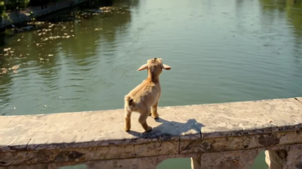 A baby goat stands on hind legs peering over a marble railing at the Tiber River below. B…