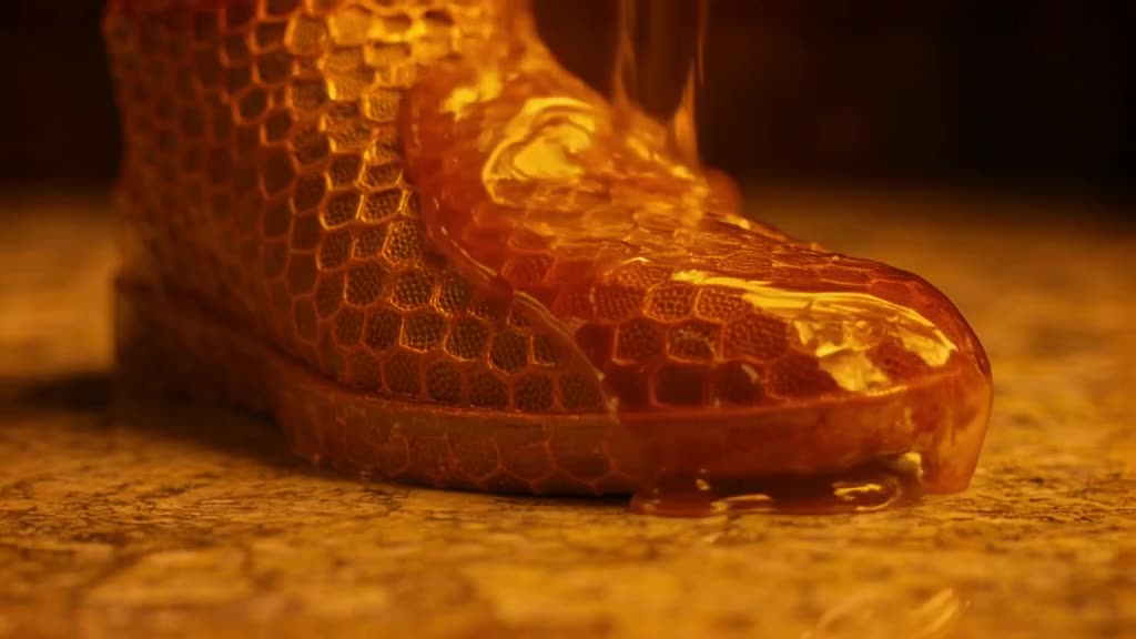 A sneaker made of stacked honeycomb cells drips thick, golden honey onto a marble floor. …