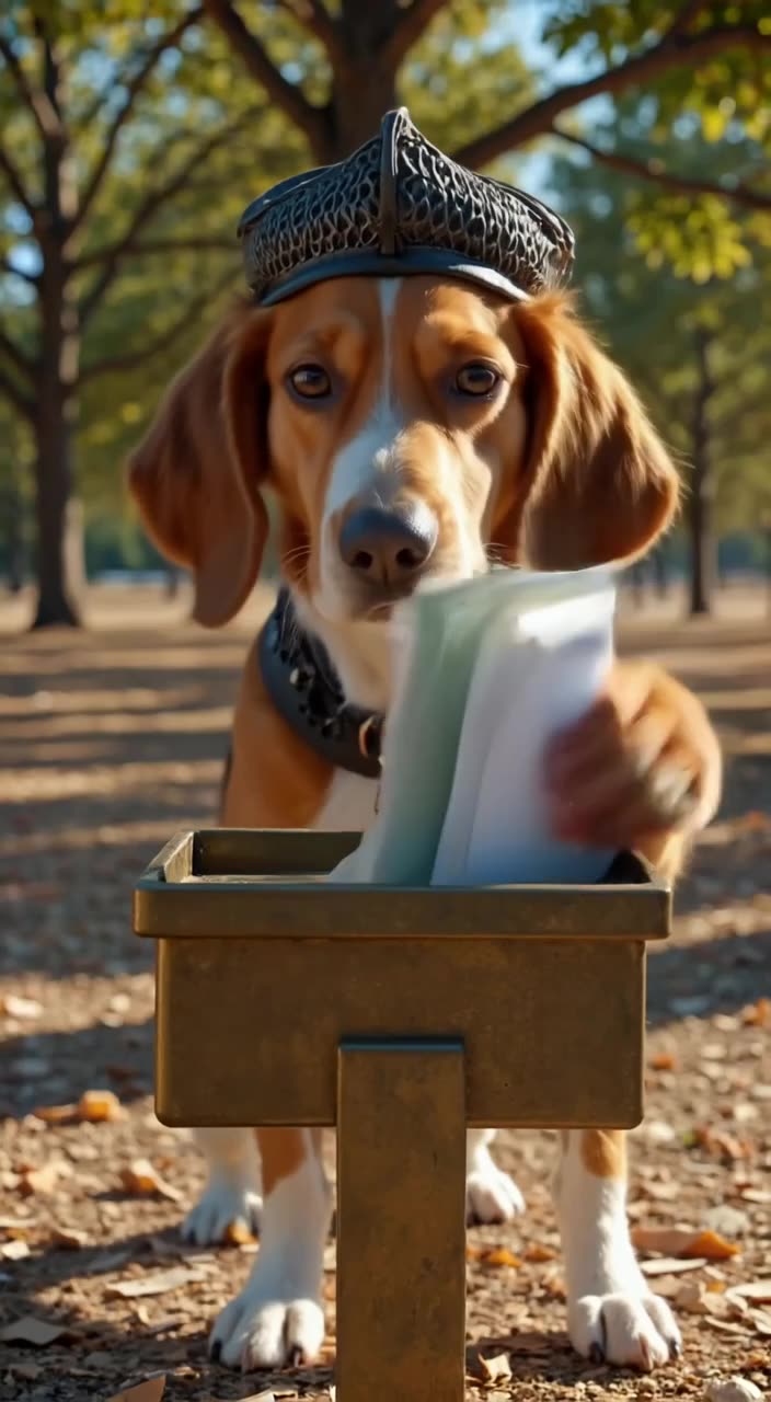 Beagle wearing a mailman hat tries to fit ten letters into a tiny brass mailbox. It shove…