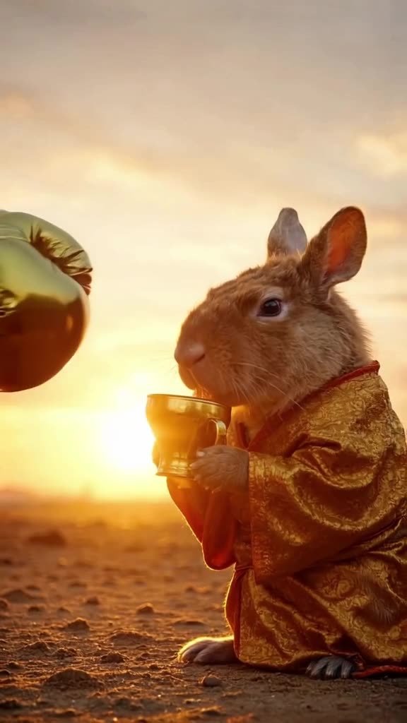 A capybara in a gold robe calmly drinks water while a boxing glove approaches its face. G…