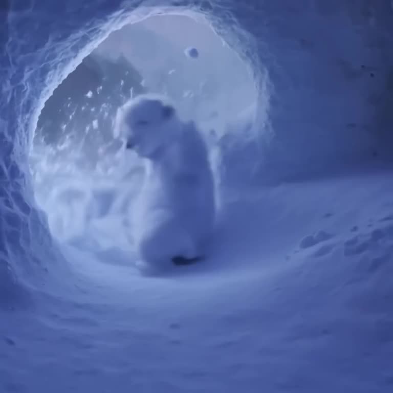 A baby polar bear cub accidentally slips on fresh powder, tumbling endearingly in slow mo…