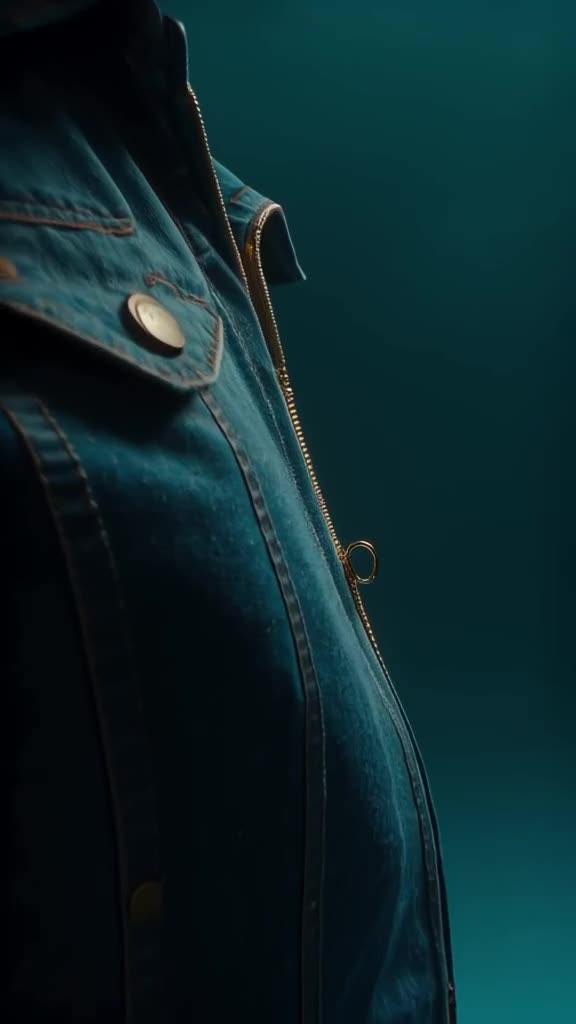 Close-up of a denim jacket zipper. As it zips up, a wave of liquid gold flows over the fa…