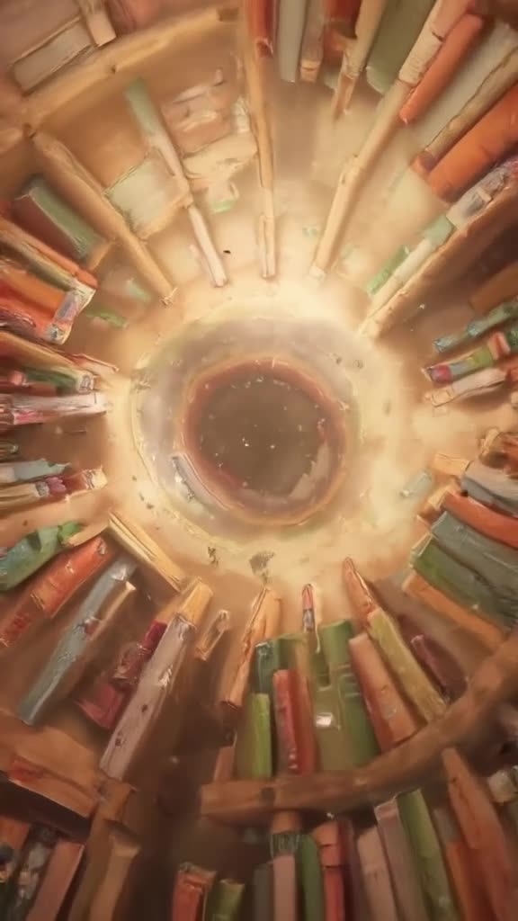 A library where books fly off shelves like birds and swirl around a central reading nook.…