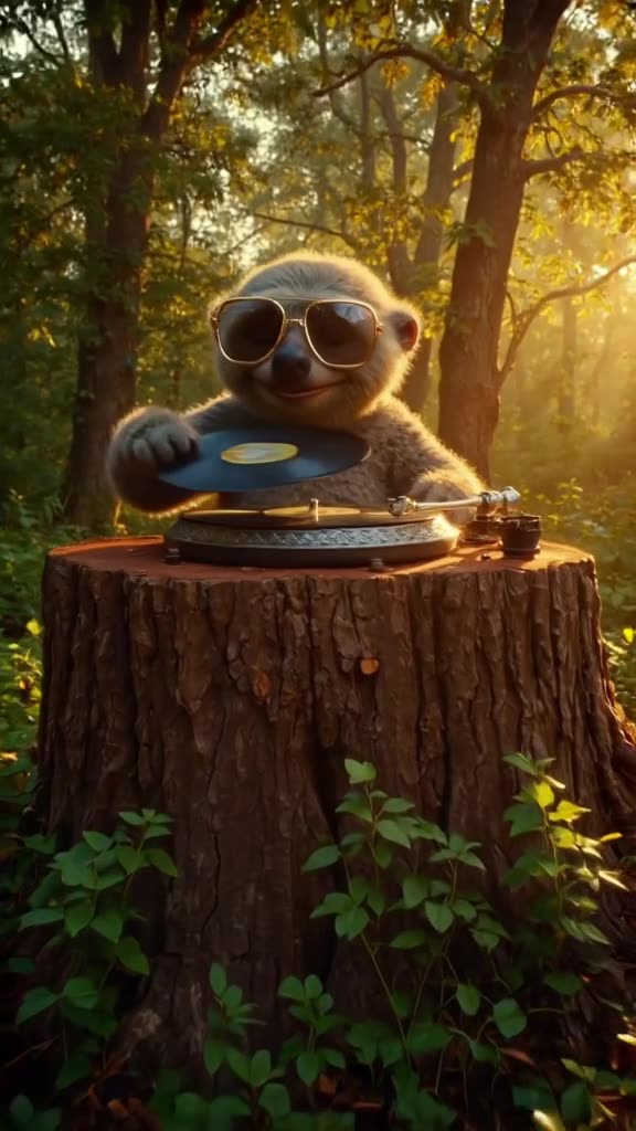 A sloth wearing oversized sunglasses slowly drops a vinyl record onto a massive turntable…