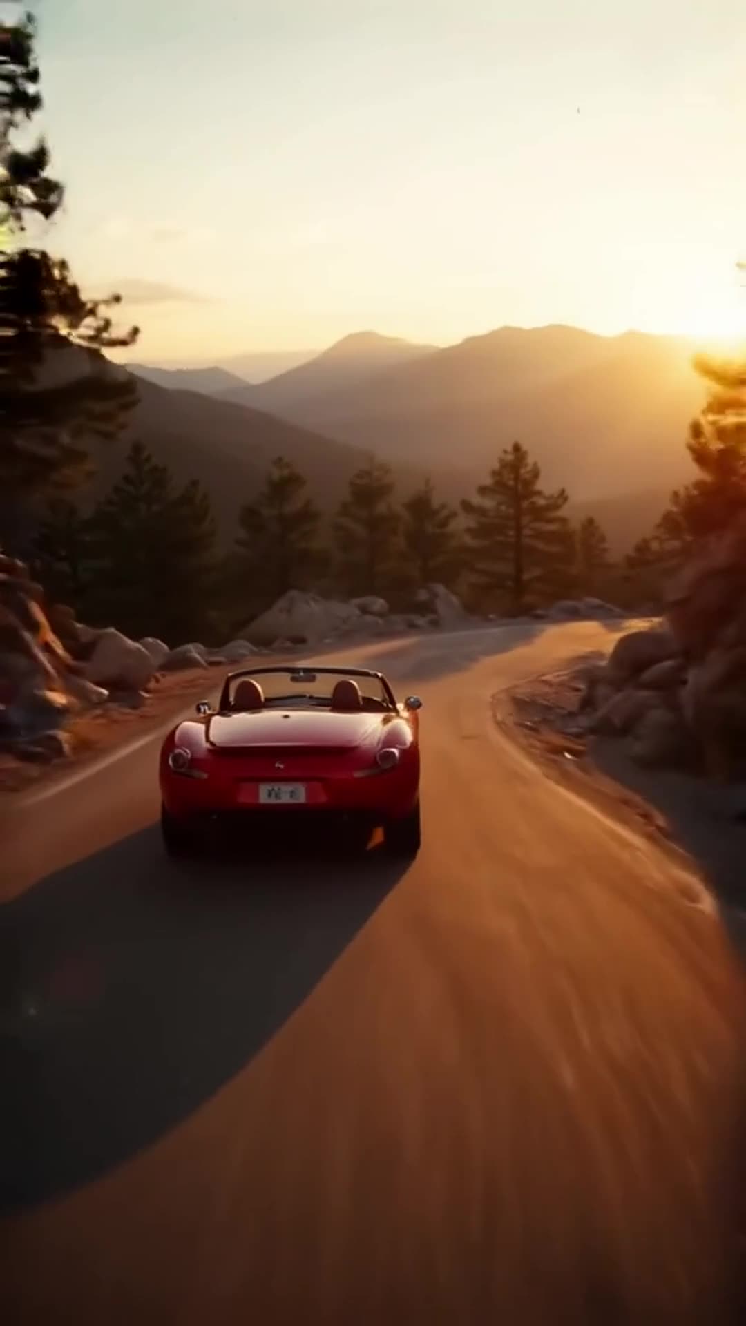 Red car roadster going through mountain roads, sunset