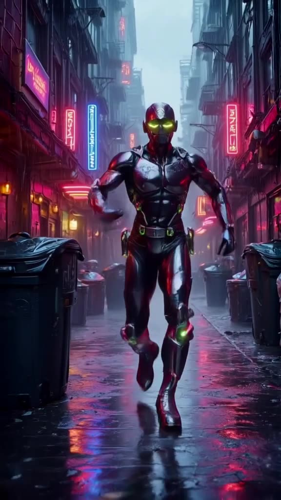 A trash can lid performs a robotic dance routine in a rainy alley. Neon signs reflect on …