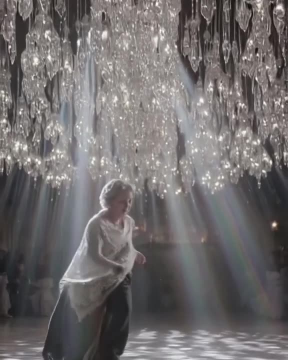 A grandmother in a lace shawl skateboards through a tunnel of hanging crystal chandeliers…