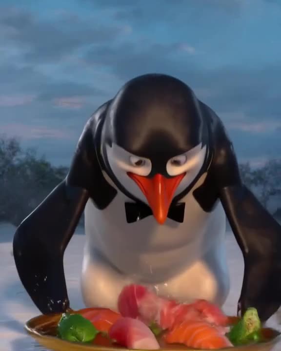 Penguin in a tuxedo attempts to serve sushi on a brass tray but slips on a stray pea. The…