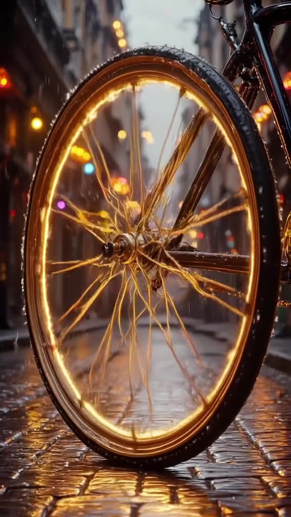 A bicycle wheel spins in place, glowing with golden spokes as it defies gravity. Raindrop…