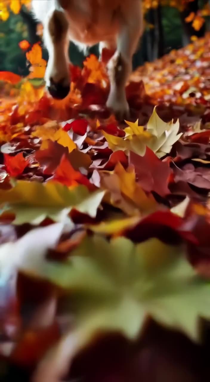 A goat jumps into a pile of autumn leaves, kicking them up in a vibrant swirl of orange a…