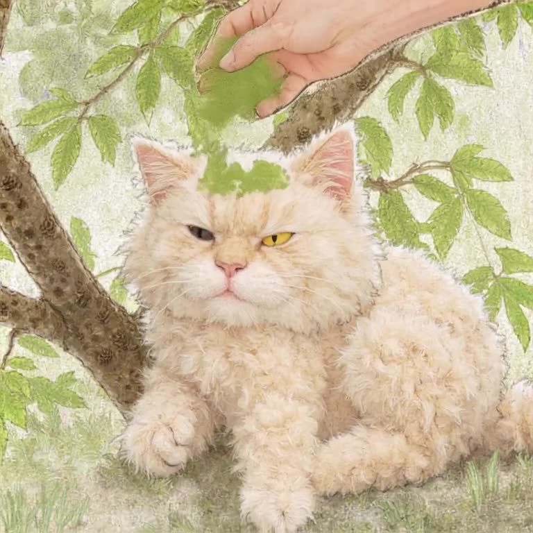 A fluffy Ragdoll cat sleeps peacefully under a neem tree. A child’s hand (out of frame) g…