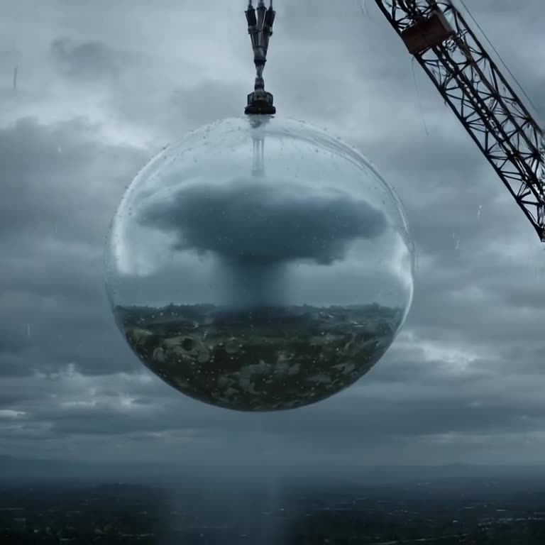 A crane lifts a giant, hollow glass sphere that contains a miniature storm cloud raining …