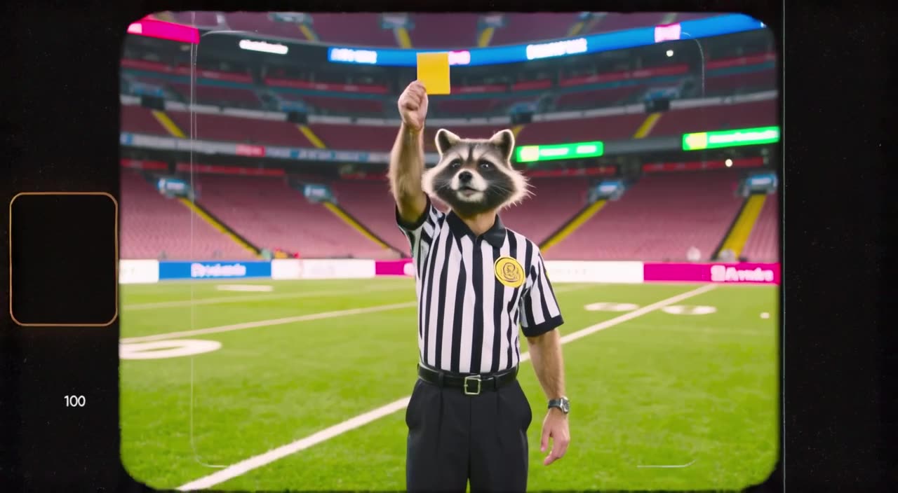 A raccoon referee holds up a yellow card made of cheese. Camera zooms in rapidly. Bright …