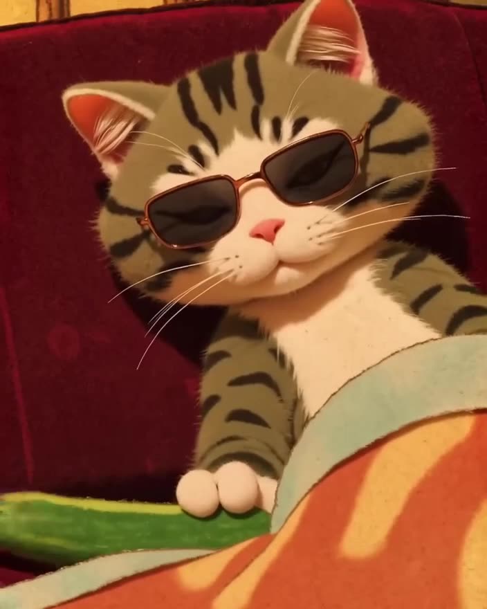 A Ragdoll cat in stylish sunglasses naps on a velvet sofa. A cucumber rolls into the fram…