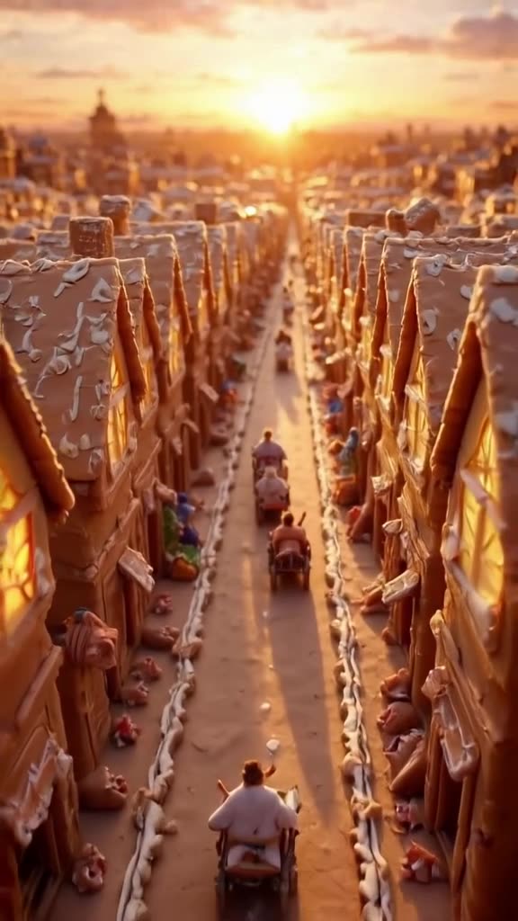 A miniature city built entirely out of gingerbread houses. Tiny people ride donkey-drawn …